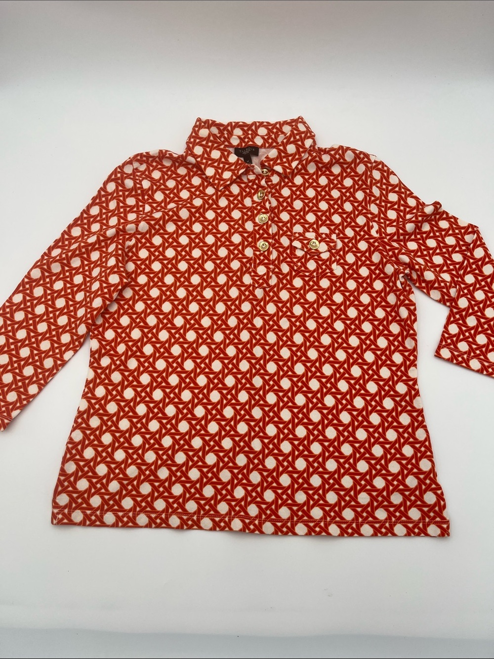 Vintage Talbot’s Petites 3/4 Sleeve Orange/White Geometric Print Polo Top
